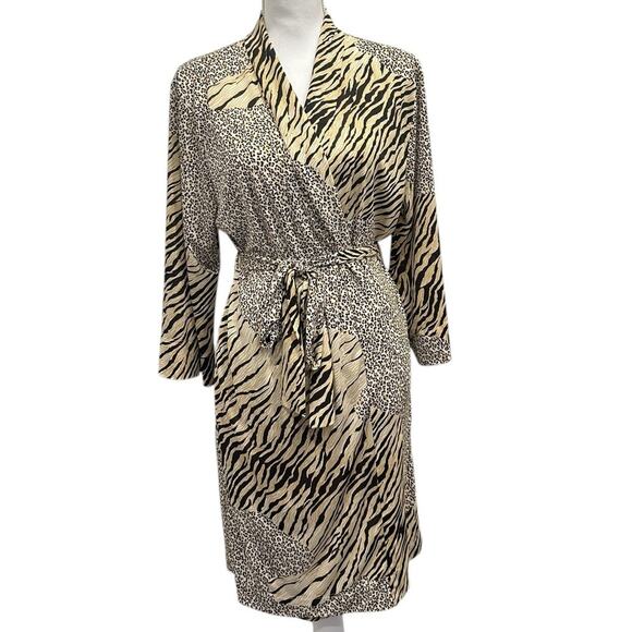 Natori Black Tan Animal Print Stretch Jersey Kimono Robe Tiger Leopard Lounge - Picture 2 of 14